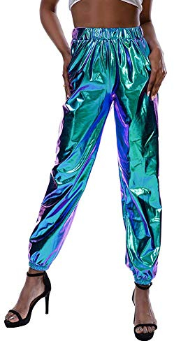 IMEKIS Damen Hohe Taille Cargohose Glänzend Wetlook Elastischer Bund Hologramm Hip Hop Tanzhose Lackleder Jogger Casual Streethose Bühnen Auftritt Partyhose Nachtclub Disco Clubwear Laser Blau S