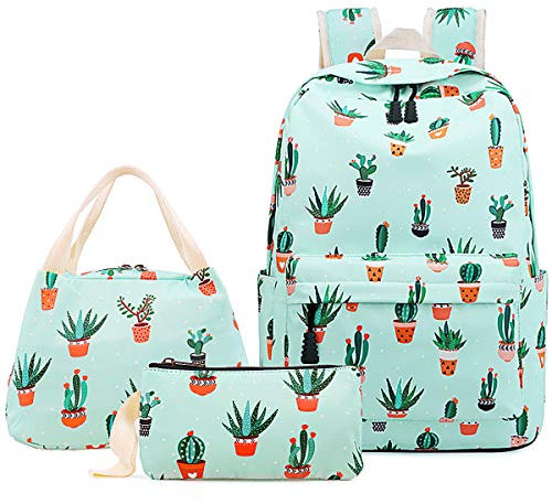 Cactus School Bag 3-in-1 Kids Bookbag Set, Junlion Laptop Backpack Lunch Bag Pencil Case Gift for Teen Girls Womens