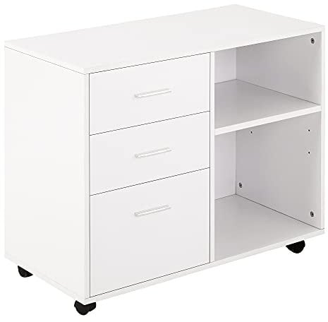 HOMCOM Support d'imprimante Organiseur Bureau Caisson 3 tiroirs + 2 niches + Grand Plateau Panneaux Particules Blanc