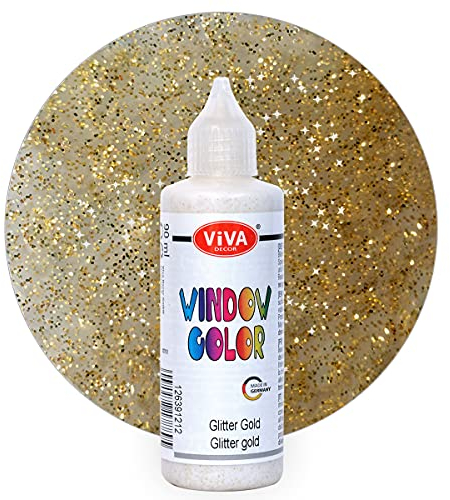 Viva Decor Window Color (Glitter-Gold, 90 ml) Fenstermalfarben für wieder abziehbare Bilder und Sticker für Deko, Spiegel, Fliesen, Vasen und Fenster - Made in Germany