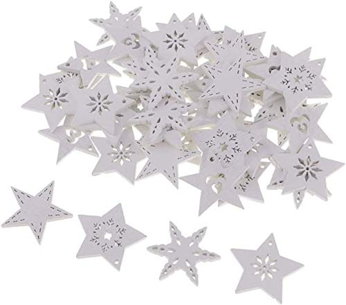 EnjoyMSS 50 PCS White Wood Star Slices Wooden Carved Snowflakes Crafts Christmas Tree Hanging Decorations Scrapbooking Card Making 30x30x2mm