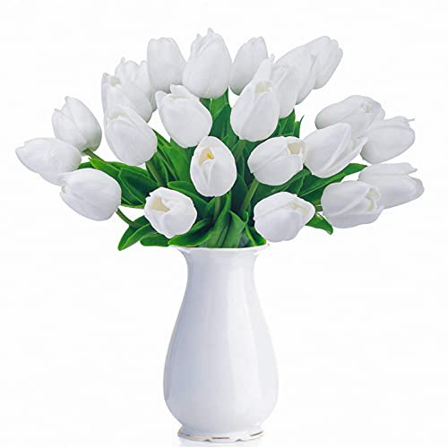HAOSHICS, Tulipani artificiali, tulipani olandesi finti, realistici al tatto, fiori per bouquet, in lattice, decorazione per matrimoni, casa, hotel, feste, giardino, multicolori, 10 pezzi (bianco)