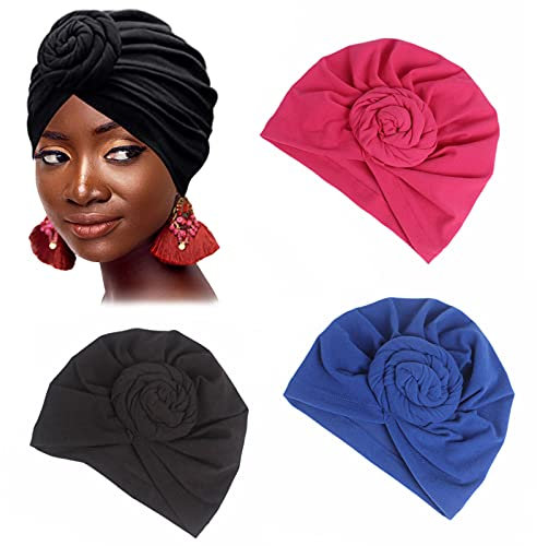 SUOXU Women's Headwraps - 3 Soft Pre-Tied Knot Turbans for Hair Loss, Fashion Pleated African Clothing, Sleep Hat - Black/Blue/Rose Red