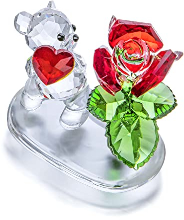 H&D Hyaline&Dora Kristall-Liebesblume Bär Figur Glas Ornament für Geschenk Dekoration Zubehör Klarer Kristall mit grünen und roten Akzenten
