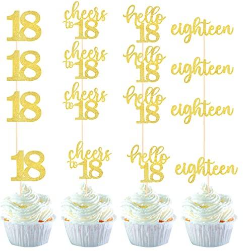 SYKYCTCY 36Pack 18th Birthday Cupcake Toppers Glitter Cheers to 18 Cake Toppers Eighteen Hello 18 Cupcake Picks Decorations for 18th Birthday Anniversary Party Supplies Gold