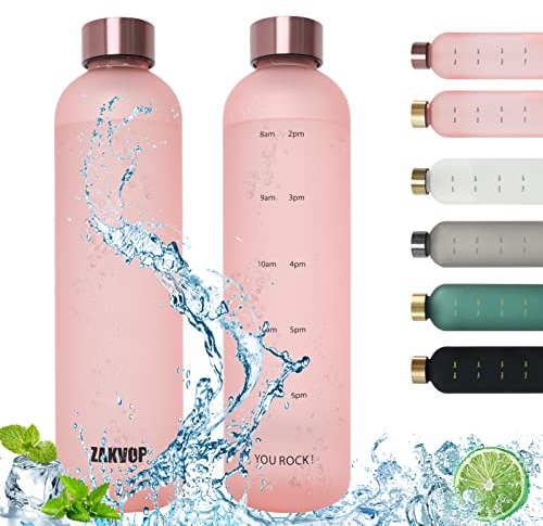 Trinkflasche 1L Wasserflasche Sport mit Zeitmarkierung Trinkerinnerung, ZAKVOP Trinkflasche Kohlensäure Geeignet, Sportflasche Auslaufsicher, BPA-frei, Ideal für Sport und Outdooraktivität, Rosa Neu