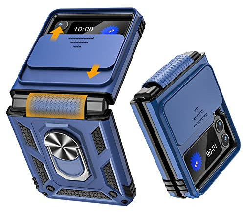 Fewdew for Z Flip 4 Case,Galaxy Z Flip 4 Case with Slide Camera Cover Hinge Protection & 360°Rotate Ring Magnetic Kickstand,Military Shockproof Protective Armor Case for Samsung Galaxy Z Flip 4,Blue
