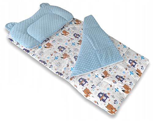 Best For Kids Schlafsack Fußack für den Kindergarten Minky Bär mit Kissen (Blau Bär)