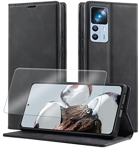 Yohii Handyhülle Kompatibel mit Xiaomi 12T / Xiaomi 12T Pro Hülle mit Schutzfolie, Luxus PU Leder Klappbare Stoßfeste Schutzhülle [Magnetisch, Kartenfach, Standfunktion] für Flip Case - Schwarz