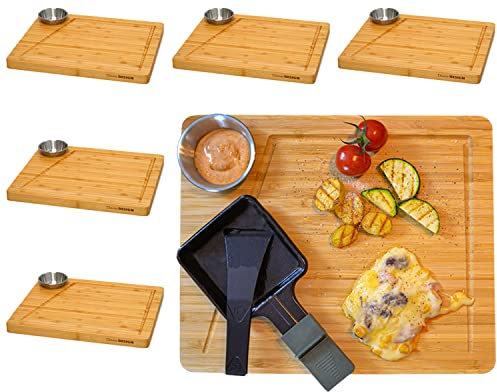 DuneDesign Juego de 6 Platos para Raclette - 30x25 Raclette Tablero de Madera con Salsera - Base para Sartenes Raclette - 2 cm de Espesor - Bambú Tablero de Madera - Soporte para Sartén Raclette