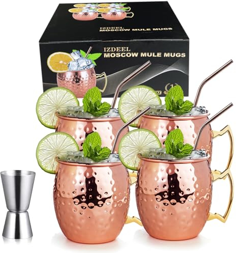 izdeel Verre Moscow Mule Tasses Cuivre Mug 550ml Verres pour Cocktail, Rhum, Boissons Froides, Maison, Bar, Fête, La Saint Valentin, Anniversaire Cadeaux, Ensemble (4 Tasse, 4 Pailles &1 Jigger)