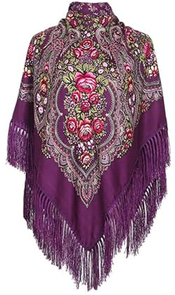 AUDME Übergroßer Damen-Schal, Schal, Wickeltuch, russischer Babushka, traditioneller Retro-Ukraine-Stil, bedruckte Quasten, quadratische Schals (129,5 x 129,5 cm), 6