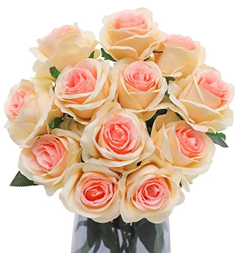 Floralsecret Set di 12 rose artificiali in seta con gambo lungo, per casa, matrimonio, decorazione da giardino (champagne, 12 pezzi)