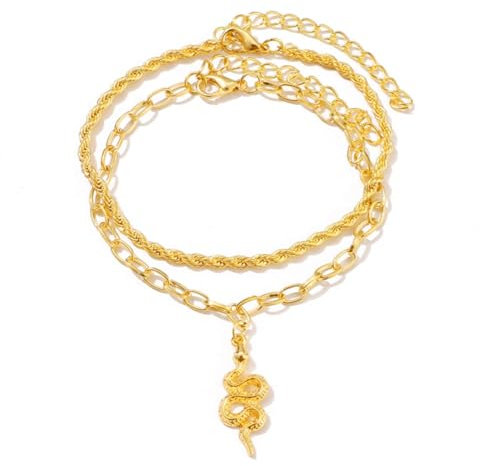 Prosy Bracelet de cheville double couche en forme de serpent de plage doré pour femmes et filles