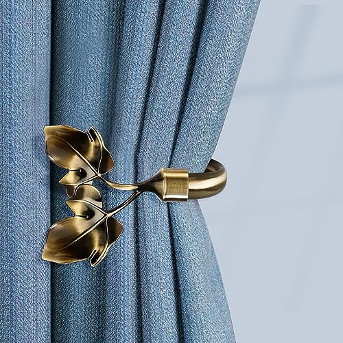 HIKMLK 2 handgefertigte Vorhang-Raffhalter mit Blättern – antikes Messing, botanische Raffhalter und Seitenhalter, gebürsteter Metallic-Lack, Wandmontage, Zugverschlüsse für frische Vorhänge