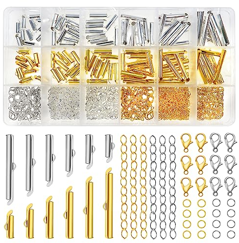 TOAOB 540 Cierres Deslizantes para Pulsera de Metal Tubo con Cierre Deslizante 6 Tamaños con Anillo de Salto Abierto Cierre de Langosta Cadena Extensora Plata y Oro para Hacer Joyas