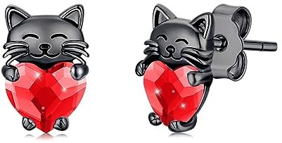 Katzen Ohrringe Mädchen 925 Silber Schwarze Katze Ohrstecker Hypoallergen Rot Kristall Stecker Katzen Schmuck Tier Geschenke für Kinder Damen……