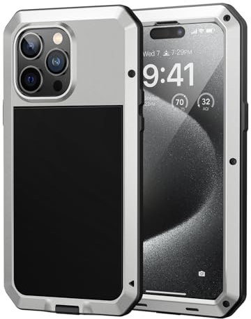 Lanhiem for iPhone 15 Pro Max Case Heavy Duty Shockproof Cover Tough Armour Metal Case with [Tempered Glass Screen Film], 360 Full Body Protective Case Cover for iPhone 15 Pro Max - Silver