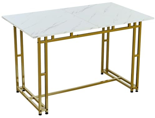 Merax Esstisch 120cm, Esszimmertisch Küchentisch, Rechteckig Tisch, stabiles Metallgestell, moderner Marmorierung Esstisch mit Metallbeinen, für Esszimmer Wohnzimmer, Gold & Weiß