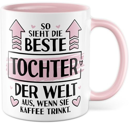 Tochter Tasse mit Spruch - Geschenk So sieht die beste Tochter der Welt aus, wenn sie Kaffee trinkt - Kaffeetasse 330ml aus Keramik - Mädchen Stieftochter Kinder Familie Kaffee-Becher