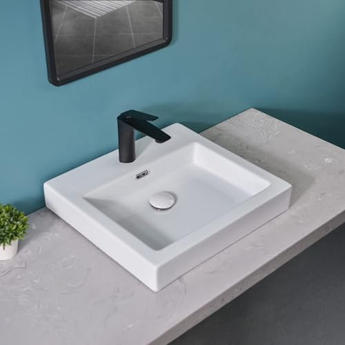 Davivy Fregadero rectangular de 18.7 x 17.2 pulgadas con drenaje emergente, fregaderos de baño sobre encimera, fregadero de recipiente blanco, fregadero de encimera, fregadero de cerámica para baño