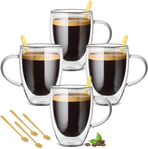 autumndeer Tasses en verre à cappuccino, lot de 4 tasses à espresso à double paroi, tasses à café en verre isolées avec 4 cuillères, tasses en verre transparent pour latte, cappuccino (350ml)