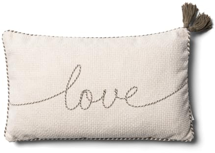Riviera Maison Kissenbezug 50x30 Beige mit gesticktem Text und braunen Cloches, dekorative Kissen rechteckig - with Love Pillow Cover - (LxB) 30x50
