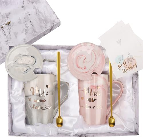 Tasses à café Mr and Mrs – Cadeaux de mariage 2024 pour couple – Idée cadeau pour future mariée – Cadeau d'anniversaire de fiançailles pour couple, ses parents – Tasses en céramique marbrée 414 ml