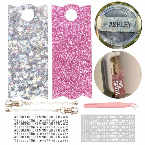 2 Sets Personalized Name Plates for Stanley 40 oz 30oz 20oz Name Tags For Water Bottle Tumbler Glittering Acrylic Accessories Charms for Tumbler With Handle Lid Toppers (1 Star+1 Hot Pink, 20-30oz)