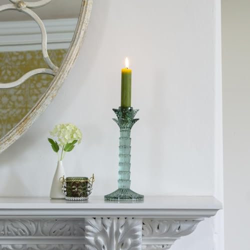 Generic Green Glass Candle Stick, Glass Palm Tree Shaped Candle Holder, Tall Clear Green Glass Dinner Candlestick, Taper Vintage Style Candle Holder, Montebello Clear Glass Candlestick