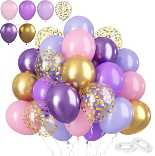 60 Pezzi Palloncini Oro Rosa Viola Kit,12 Pollici Palloncini Compleanno Elio Lattice Naturale per Feste,Palloncino Colorati Misti Palloncino Coriandoli per Compleanno Matrimonio Baby Shower