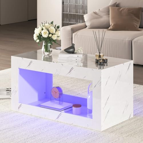 KOMHTOM Table d'appoint Table Basse rectangulaire Blanche avec Espace de Rangement, Meuble Salon avec LED pour Salon et Chambre à Coucher Petite Table Moderne