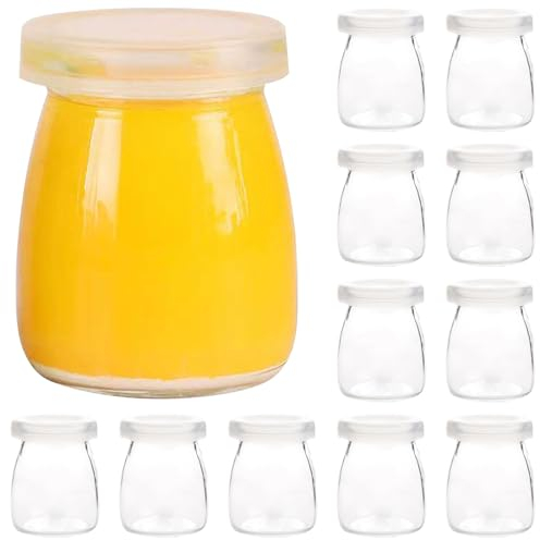 Sertay 12 Pièces Petit Pot Verre Couvercle, Pots Dessert Yaourt, Pot Yaourt Verre, Bocaux Couvercle 150ml, Couvercles Pots Yaourt, Adapté pour le Stockage du Lait, Confiture, Miel, Yaourt (150ml*12)