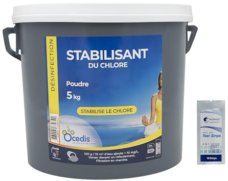 OCEDIS STABILISANT du Chlore Poudre - 5kg | Stabilisant - Stabilisateur du Chlore + 10 Tests HPS OFFERTS 6 en 1