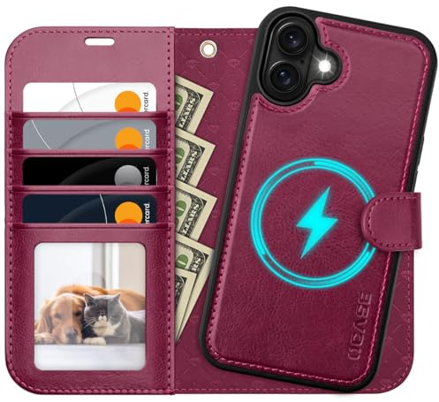 OCASE Housse Magnétique Amovible 2 en 1 pour iPhone 16 Plus Bordeaux | Portefeuille 2-en-1 Aimanté, Coque à Rabat en Cuir PU, Blocage RFID, Support Intégré, Fentes pour Cartes, Antichoc