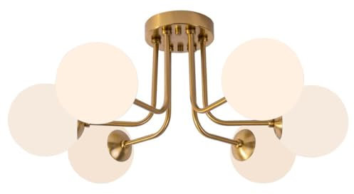 YIKEGE LICHT Modern Golden Lampe Deckenleuchte Deckenlampe Retro Luster Pendelleuchte Hängeleuchte Vintage Kronleuchter Wohnzimmer Schlafzimmer Küche Esszimmer mit 6 Mattglas Kugel Globe Lampenschirm