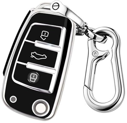 FT FUNTOR für Audi Schlüssel Hülle,Passen für A1 A3 A4 A6 A8 Quattro Q2 Q3 Q7 R8 RS3 RS6 S3 S6 TT TTS mit Silbernem Rand,3 Tasten TPU mit Schlüsselanhänger für Audi A3 Schlüsselhülle (B-Schwarz)