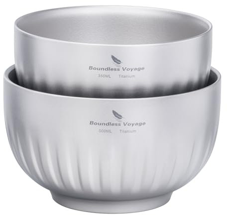 iBasingo Titanium Camping Bowl 350ml & 500ml Double Walled Ultralight Soup & Rice Bowl, Portable Metal Tableware for Outdoor Hiking, Backpacking, Travel, Durable Oatmeal & Food Container (Ti1166T)