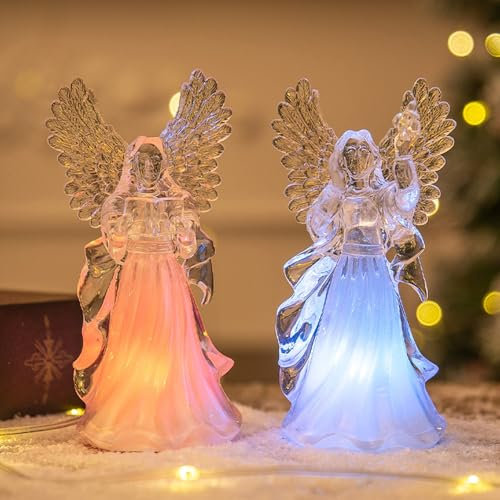 Weihnachtsdeko Schneekugel Engel mit LED Licht, Weihnachten Deko Glitzernde Wirbelnde Kristall Engel Statue Beleuchtete mit Timer Vielfarbig Wechselnde Betende Engel Figur Weihnachten Geschenke (2PCS)