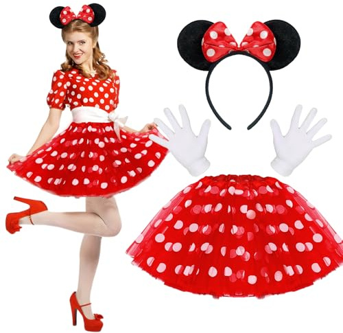 BOYATONG Faschingskostüme Damen, Maus Kostüm Damen, Maus Ohren Haarreifen, Rot Tutu und Handschuhe, Karneval Kostüm Damen Mouse Kostüm, für Karneval Motto Cosplay Party