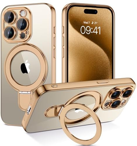 BENTOBEN Hülle für iPhone 15 Pro Mag-Safe mit Ständer, [Magnetisch Ständer Ring] Clear Kabellos Dünn TPU Bumper Cover Case Handyhülle iPhone 15 Pro 6.1, Titan Wüstensand