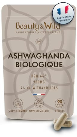 Ashwagandha Bio KSM-66®, 90 Gélules Vegan - 900mg/Jour - Fabriqué en France - Ginseng Indien Extra Fort, Anti-Stress, Musculation, Favorise le Bien-Être, Améliore la Qualité du Sommeil, Beauty&Wild