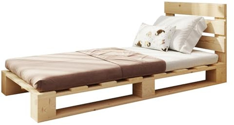 Lermowood Palettenbett M1 aus Holz 100 x 200 cm Natur mit Kopfteil Holzbett 20cm Stabiles Seniorenbett Kinderbett Jugendbett Gästebett erhöhtes Einzelbett Bettgestell Futonbett Komforthöhe Naturholz