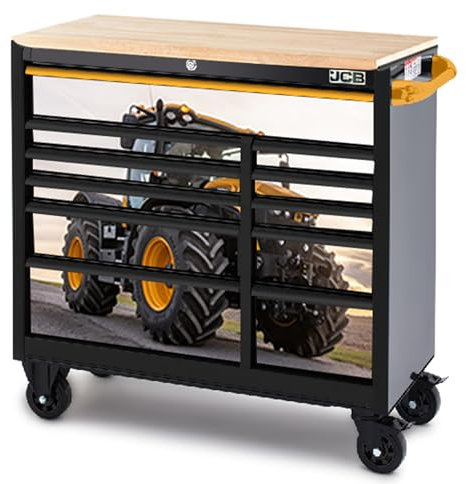 JCB 42’’ Roller Tool Cabinet, 11 Drawers, Steel with Hardwood Worktop and Fastrac Tractor Wrap