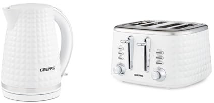 Geepas 4 Slice Bread Toaster & 1.7L Cordless Electric Kettle Combo Set with Textured Design – 1750W Toastie Machine with 7 Browning Control - 2200W Kettle with Auto Shut Off & Boil Dry Sensor - White