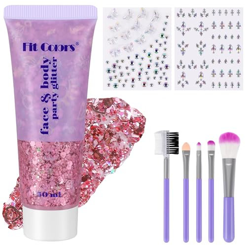 50ml Gel Paillettes Visage Rose avec 2x Strass Visage et Pinceau, DIY Strass et Paillettes Festival pour la Visage, Gel Maquillage pour Festivals, Make Up, Face, Corps