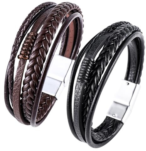 Mens Leather Bracelet,Braided Cowhide Rope,Vintage Style Handmade Braided Leather Bracelet for Christmas Father's Day Valentine's Day Birthday,Mens Bracelets Gift for Boyfriend Husband(Brown,Black)