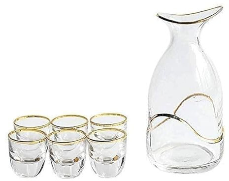 Juego de Sake de Vidrio de 7 Piezas, Juego de Sake Pintado a Mano con Borde Dorado, Juego de Vino de Estilo japonés para té Shochu de Sake Caliente frío y Caliente Copa para Saki