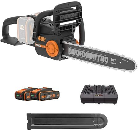 WORX NITRO - Tronçonneuse sans Fil 40V - Guide de 40 cm - Brushless - Vitesse 18m-s - Tension et Lubrification Automatiques - Frein de Chaîne - Livrée Avec Batteries Pro Plus et Chargeur - WG385E.1