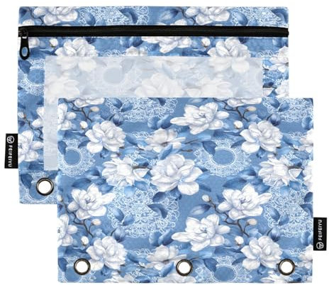 Astuccio bianco blu con motivo mandala Gardenia per raccoglitori a 3 anelli con cerniera, confezione da 2 astucci con finestra trasparente, astuccio per cosmetici per ufficio e università, Multicolore